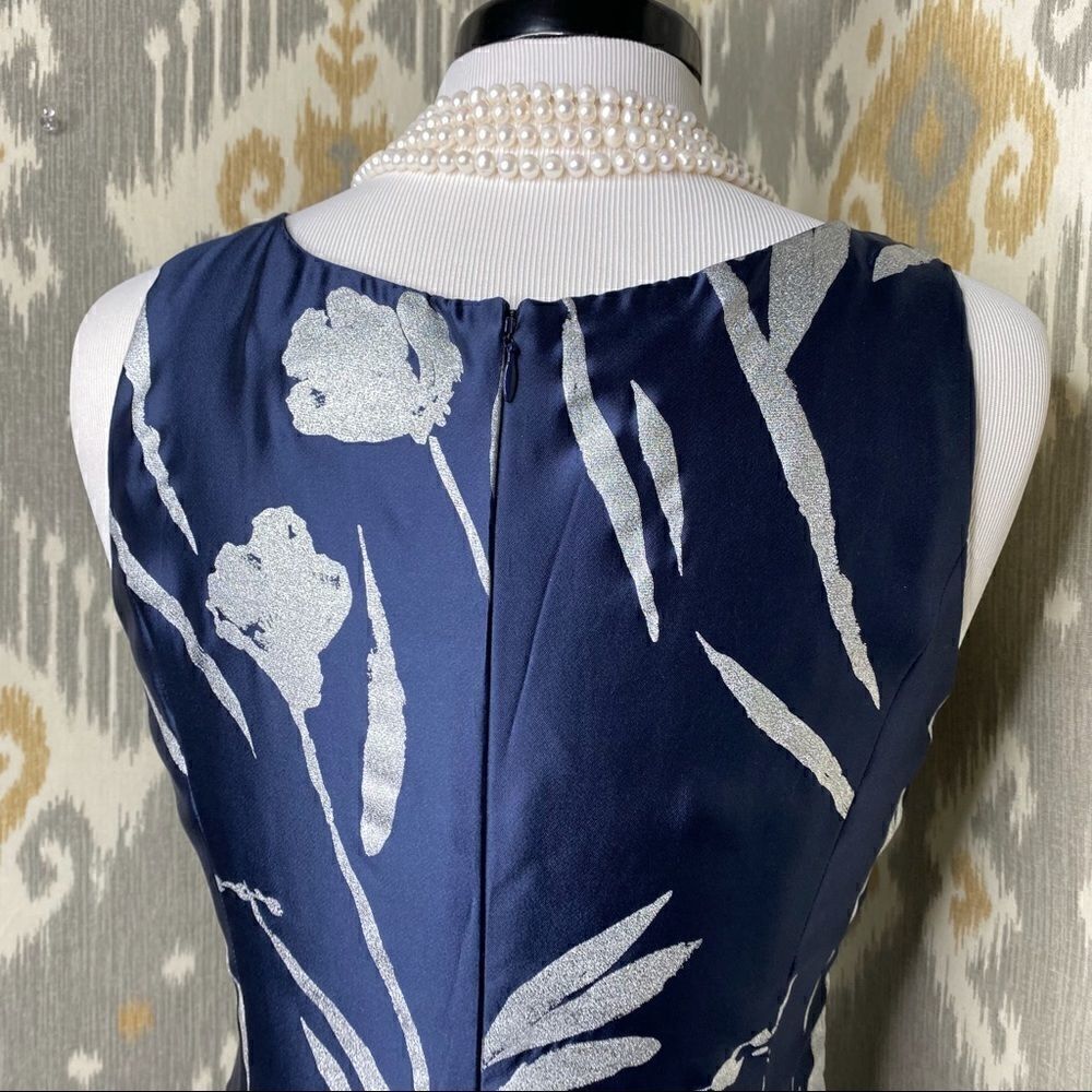 Ralph Lauren Silver Foil Botanical Print Navy Silk Fit & Flare Dress - Picture 9 of 16